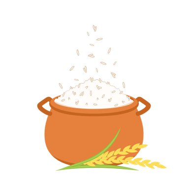 Toprak tencerede pilav pişirmek. Dünya esrar vektörü. Tencerede sıcak pirinç.