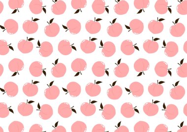 Şeftali desenli duvar kağıdı. Yaprak ikonlu şeftali. Beyaz arkaplanda kalp şeklinde şeftali meyveleri var. Çiftlik, doğal yiyecek, taze meyve.,