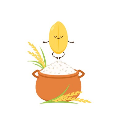 Pirinç karakter tasarımı. Beyaz arka planda pirinç vektörü. Paddy vektörü. Toprak tencerede pilav pişirmek. Dünya esrar vektörü.