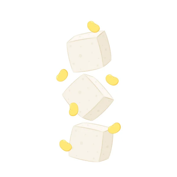 Fehér Tofu Szójabab Vektor Tofu Rajzfilm Stílus Elszigetelt Fehér Háttérrel — Stock Vector