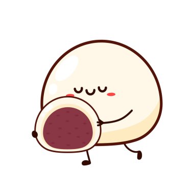 Mochi karakter tasarımı. Duvar kağıdı. Metin için boş alan. Mochi vektörü. Japon pirinç tatlısı.