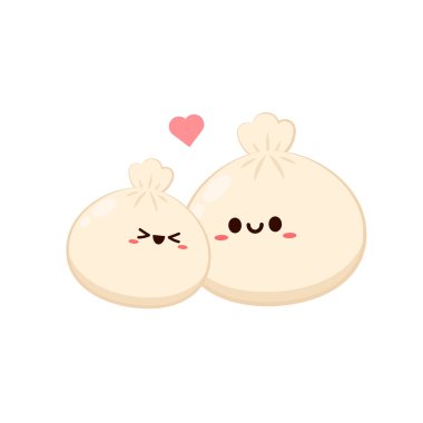 Sevimli Dim Sum karakteri, geleneksel Çin köftesi, gülen yüzlü. Kawaii Asya gıda taşıyıcısı. Tahta sepet.