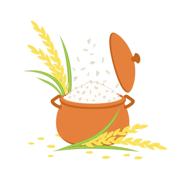 Memasak Nasi Dalam Panci Tanah Vektor Pot Bumi Nasi Panas - Stok Vektor