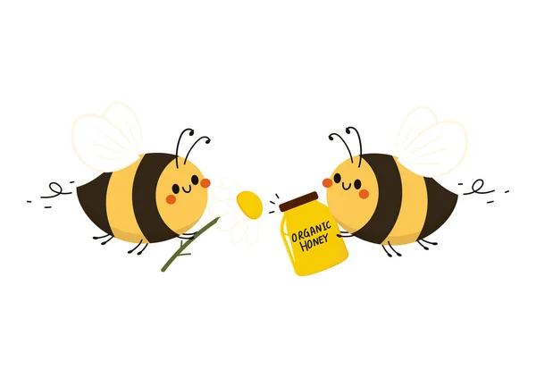 Lindo Dibujo Animado Abejas Con Letras Vector Fondo Blanco Abeja — Vector de stock