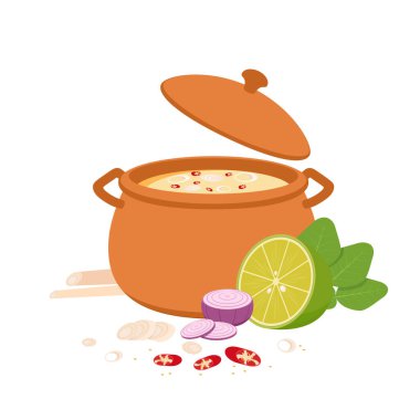 Tom, Dünyalı tenceresinde nefis. İçindekilerle birlikte kırmızı tom yum çorbası ikonu. Geleneksel yemek çizgi filmi çizimi. Tayland yemeği..