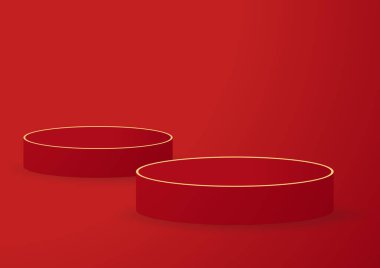 Çin yeni yılı 2023. Kırmızı podyum, yuvarlak sahne ve kağıt sanatları Çin yeni yılı, Çin Festivalleri, Sonbahar ortası Festivali, kırmızı kağıt kesiği, Lamba ve arka planda zanaat stili Asyalı unsurlar.