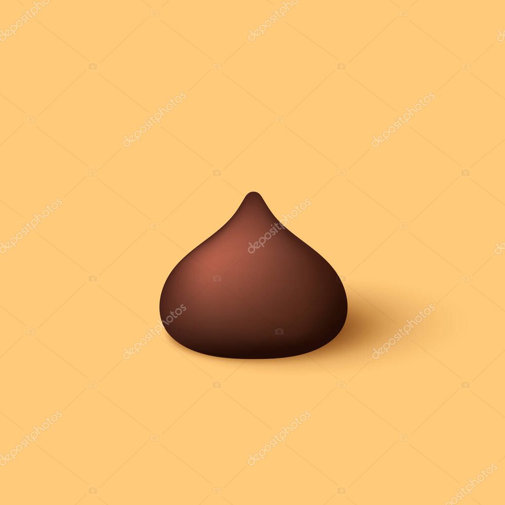 Dark chocolate chip 3d style. Dark chocolate chip vector on yellow background. Chocolate chips ingredient.