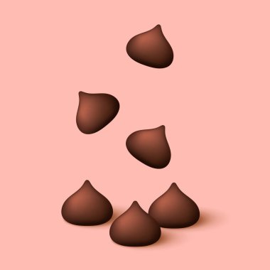 Koyu çikolata parçacıklı 3D tarzı. Pembe arka planda koyu çikolata parçacıklı vektör. Çikolata parçaları..