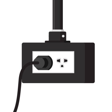 Siyah güç kablosu vektörü. Beyaz duvardaki beyaz duvar prizine bağlı siyah kablo kopyalanmış boşluk.