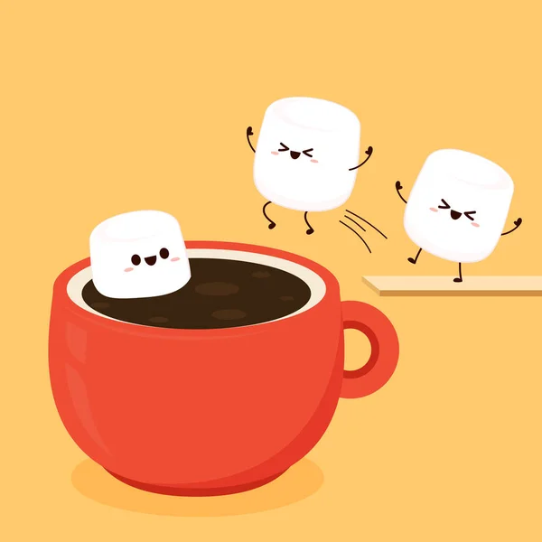 Funny Marshmallows Characters Cup Chocolate Drink Marshmallows Character Design Dessert — Vector de stock