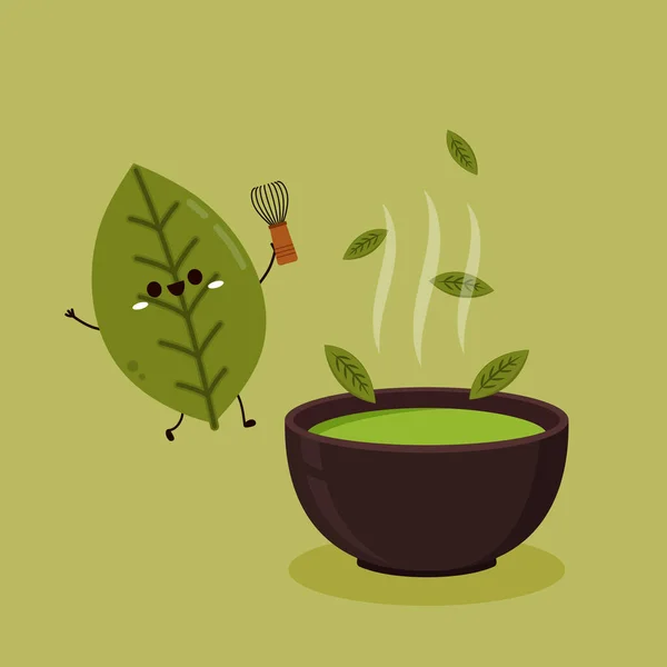 Tee Hinterlässt Charakter Teeblätter Auf Grünem Hintergrund Tapete Matcha Charakterdesign — Stockvektor