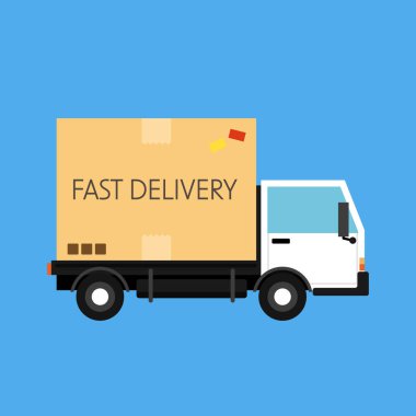 Delivery truck transporting a big cardboard package. Flat style. Fast Delivery.