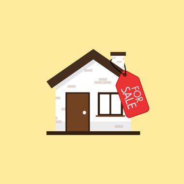 Satılık karikatür evi. Evi ve ön plandaki bilgileri imzalayın. Düz biçimli vektör illüstrasyonu.