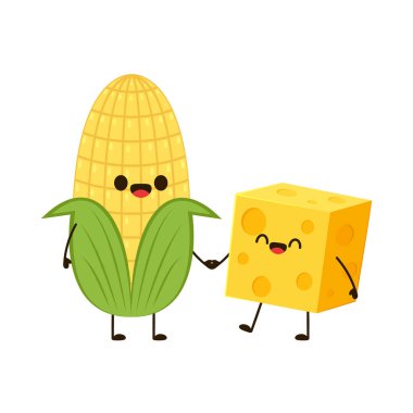 Mısır ve peynir vektörü. Mısır ve Peynir karakter tasarımı. Beyaz arka planda mısır. Küp peynir.