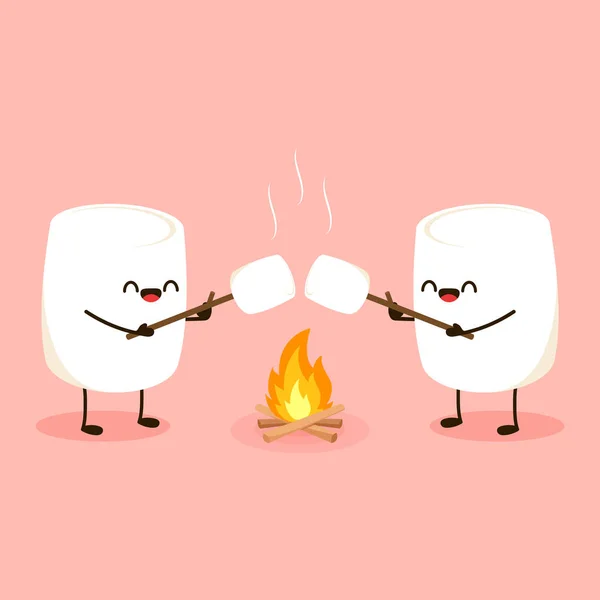 Marshmallow Character Marshmallow Piece Skewer Roasting Forest Bonfire Bonfire Vector — Stock Vector