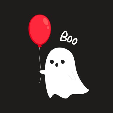 Tatlı hayalet karikatür vektörü. Tatlı hayaletler ve süslü balonlarla cadılar bayramı partisi. Bayram çizgi film karakteriyle şaka mı şeker mi?.