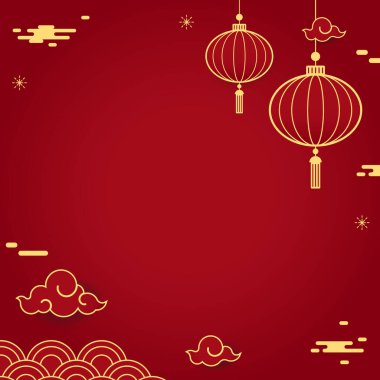 2023 yılınız kutlu olsun. Çin yeni yıl afişi, gösteri için daire şeklinde. Tebrik kartı. Kırmızı zemin üzerinde fener bulunan Çin çerçevesi.
