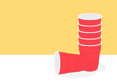 Plastik bardak vektörü. Kırmızı Bira Pong plastik bardakları ve top. Geleneksel içme oyunu vektör çizimi.