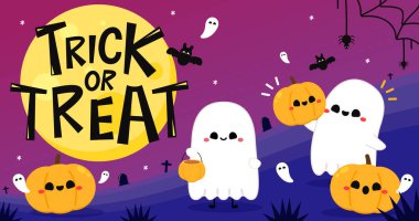 Tatlı hayaletli Cadılar Bayramı tebrik kartın kutlu olsun. Tatil çizgi film karakteri. Şeker mi şaka mı tasarımı mı? Tatlı balkabağıyla. Cadılar Bayramı komik çizgi filmi.