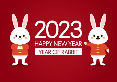 Mutlu Çin yeni yılı tebrik kartı 2023, şirin tavşanlı. Hayvan bayramı çizgi film karakteri. Tavşan simgesi vektörü.