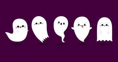 Tatlı hayaletli Cadılar Bayramı tebrik kartın kutlu olsun. Tatil çizgi film karakteri. Şeker mi şaka mı tasarımı mı? Tatlı balkabağıyla. Cadılar Bayramı komik çizgi filmi.