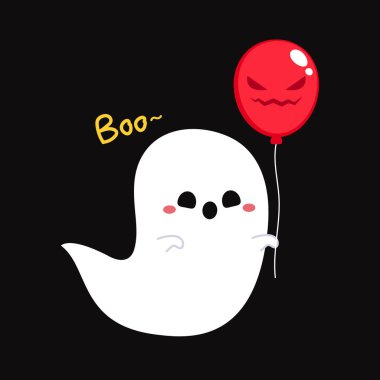 Tatlı hayalet karikatür vektörü. Tatlı hayaletler ve süslü balonlarla cadılar bayramı partisi. Bayram çizgi film karakteriyle şaka mı şeker mi?.