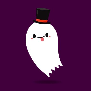 Tatlı hayaletli Cadılar Bayramı tebrik kartın kutlu olsun. Tatil çizgi film karakteri. Şeker mi şaka mı tasarımı mı? Tatlı balkabağıyla. Cadılar Bayramı komik çizgi filmi.