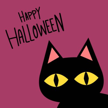 Kara kedi afişi. Siyah kedi yavrusu. Komik şirin kawaii çizgi film bebek karakteri. Mutlu Cadılar Bayramı. Düz dizayn. Beyaz arka plan. Vektör