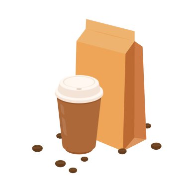 Kahve fincanı vektörü. Beyaz arka planda kahve fincanı. Kahve fincanı, kahve çekirdeği ve kese kağıdı vektörü..