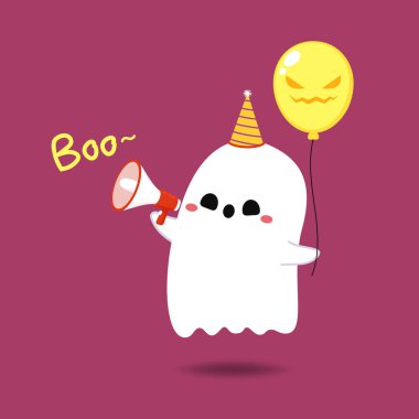 Tatlı hayaletli Cadılar Bayramı tebrik kartın kutlu olsun. Tatil çizgi film karakteri. Şirin hayalet hayaletler..