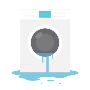 Bozuk çamaşır makinesi taşıyıcısı. Beyaz arka planda çamaşır makinesi. Su sızıntısı.