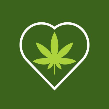 Yeşil arka planda kalp vektöründe marihuana. Tıbbi marihuana.