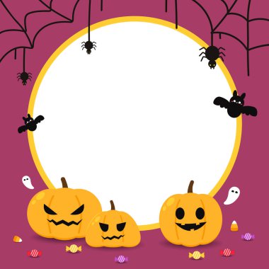 Cadılar Bayramı. Özgür Yazı Mekanı ile Soyut Cadılar Bayramı Tebrik Kartı Şablonu - Çerçeve Silueti. Tatlı balkabağıyla şaka mı şeker mi tasarımı.