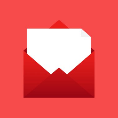 Üzerinde boş kart olan kırmızı bir zarf. Tamamen izole edilmiş. Vektör tasarımı.