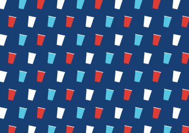 Plastik bardak desenli arka plan. Duvar kağıdı. Pingpong topuyla bira pong vuruşunun vektör illüstrasyonu. Kırmızı, beyaz ve mavi bira bardağı.