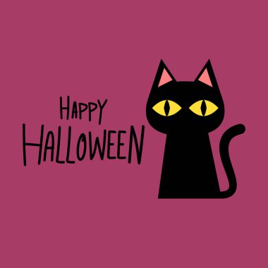 Kara kedi afişi. Siyah kedi yavrusu. Komik şirin kawaii çizgi film bebek karakteri. Mutlu Cadılar Bayramı. Düz dizayn. Beyaz arka plan. Vektör