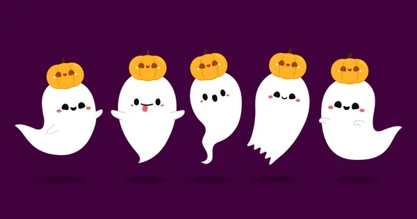 Happy Halloween Party Greeting Card Cute Ghost Holidays Cartoon Character — стоковый вектор