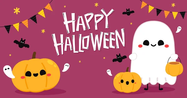 Happy Halloween Strona Kartka Pozdrowieniami Cute Ducha Świąteczny Bohater Kreskówek — Wektor stockowy