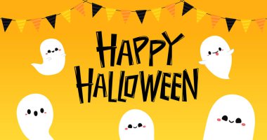 Tatlı hayaletli Cadılar Bayramı tebrik kartın kutlu olsun. Tatil çizgi film karakteri. Cadılar Bayramı komik çizgi filmi.