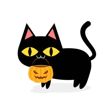 Kara kedi afişi. Siyah kedi yavrusu. Komik şirin kawaii çizgi film bebek karakteri. Mutlu Cadılar Bayramı. Düz dizayn. Beyaz arka plan. Vektör