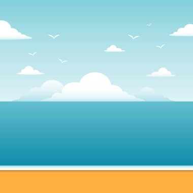 Vektör çizgi film stili cennet adası. Deniz kıyısı olan kusursuz bir manzara. Güneşli bir gün. Plaj arka planı.