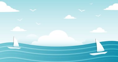 Yaz dönemi. Plaj elementlerinin vektör arka planına sahip tropik plaj. Denizin arka planında gemiyle.