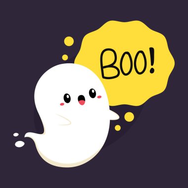 Tatlı hayaletli Cadılar Bayramı tebrik kartın kutlu olsun. Tatil çizgi film karakteri. Şeker mi şaka mı tasarımı mı? Tatlı balkabağıyla. Cadılar Bayramı komik çizgi filmi.