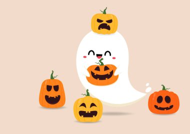 Happy halloween party greeting card with cute ghost. Holidays cartoon character. Trick or treat design with cute pumpkin. Halloween funny cartoon.
