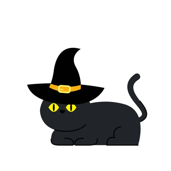 Cute Black Cat Witch Hat Sitting Halloween Day Black Cat — Archivo Imágenes Vectoriales