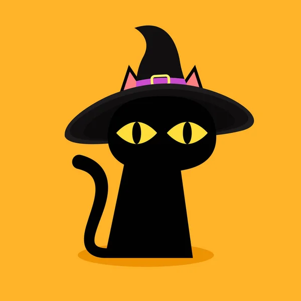 Cute Black Cat Witch Hat Sitting Halloween Day Black Cat — Vetor de Stock