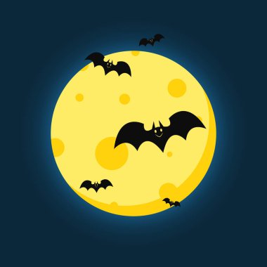 Halloween banner. Vector Halloween background with illustration of flying bats over moon. Yellow moon.
