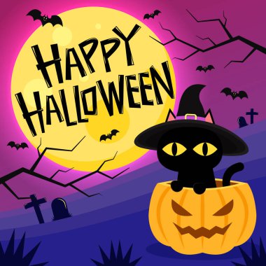 Halloween Vector illustration. Cute black cat in a witch hat sitting in Halloween day. black cat cartoon in Pumpkin head.