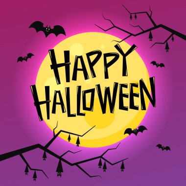Happy Halloween poster. Vector Halloween background with illustration of flying bats over moon.