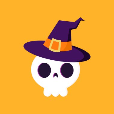 Black Skull on dark blue background. Skull icon. Halloween icon. Skull in a witch hat 